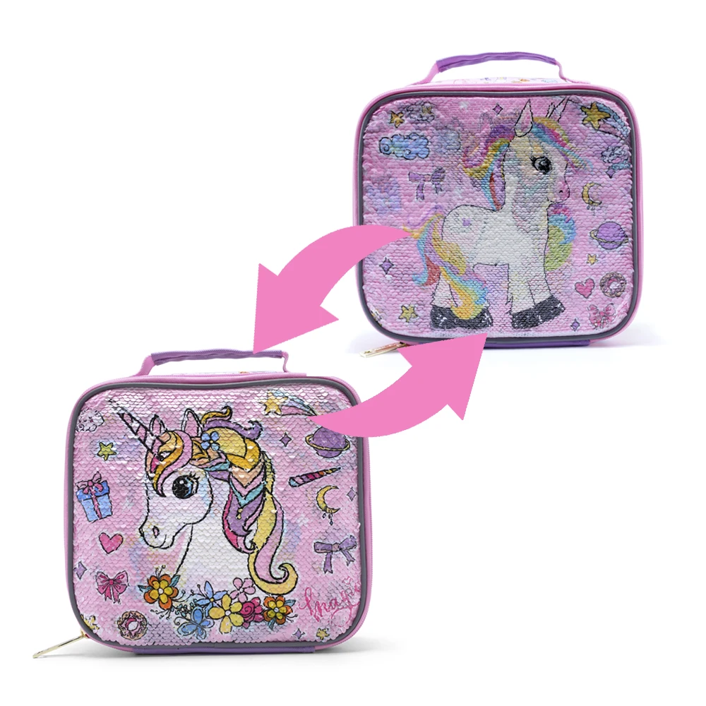 BLING BABIES Children\'s tote, lunch bag, double sided unicorn sequin design, pink and purple, suitable for carrying food