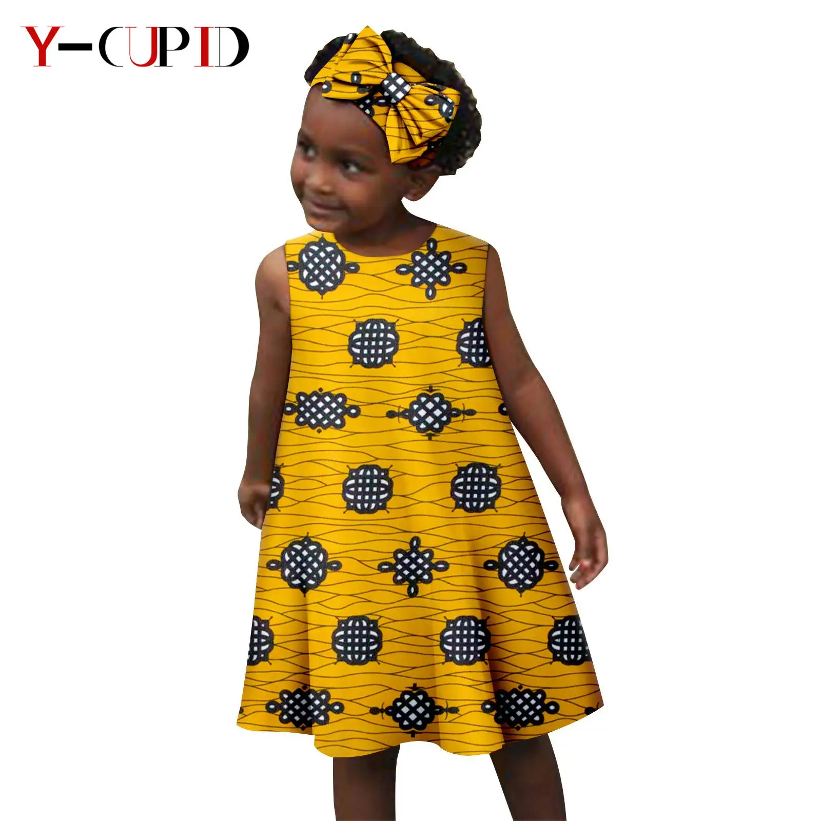 

African Clothes Print Dresses for Girl Summer A-line Dress Matching Bowtie Headband Bazin Riche Children Cotton Outfits Y234022