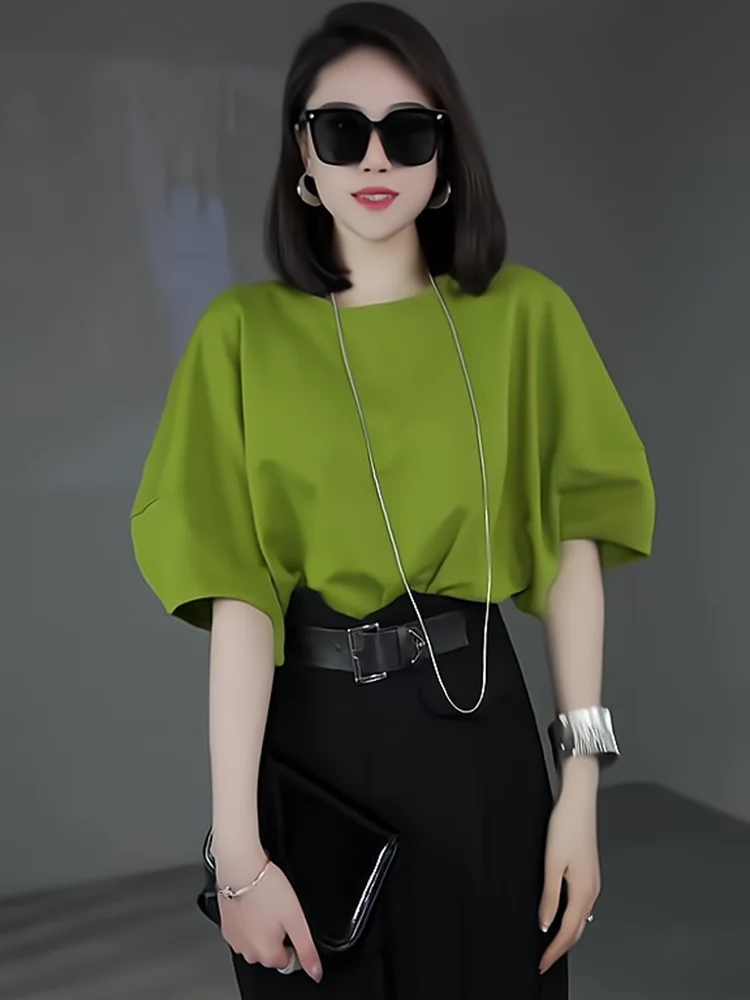 

Ele Lantern Sve T-irt Women's Loose Faionable Summer New Sle Korean Version Casual round Ne ort Sve Top