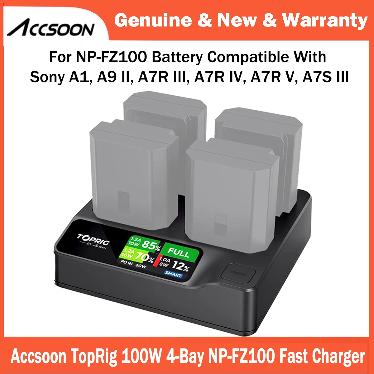 Accsoon TOPRIG BC02 Быстрое зарядное устройство с 4 отсеками для аккумулятора NP-FZ100, совместимое с Sony A1, A9 II, A7R III, A7R IV, A7R V, A7S III Accsoon TOPRIG BC02 Быстрое зарядное устройство с 4 отсеками для аккумулятора NP-FZ100, совместимое с Sony A1, A9 II, A7R III, A7R IV, A7R V, A7S III