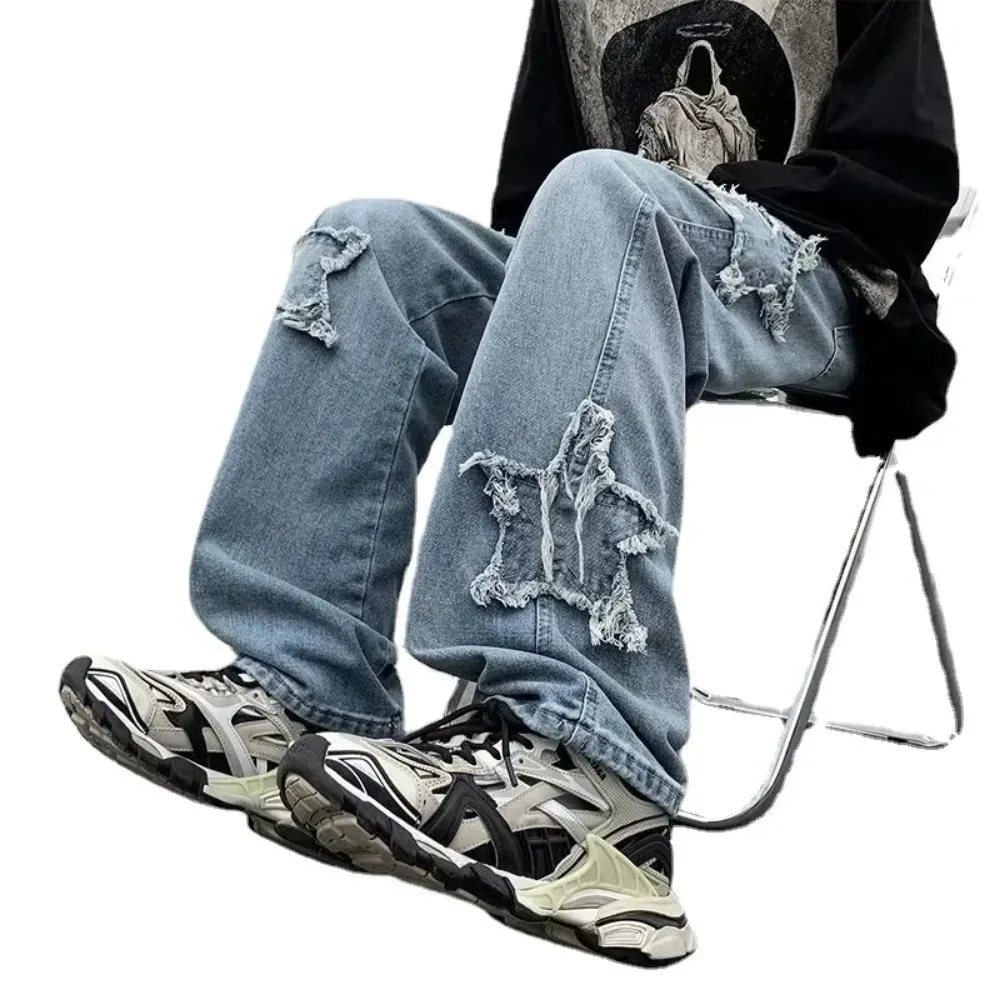 Fashion Mens Jeans Stars Towel Embroidery Baggy Men Jeans Y2K Clothes Straight Hip Hop Cotton Trousers Streetwear Men Clothing
