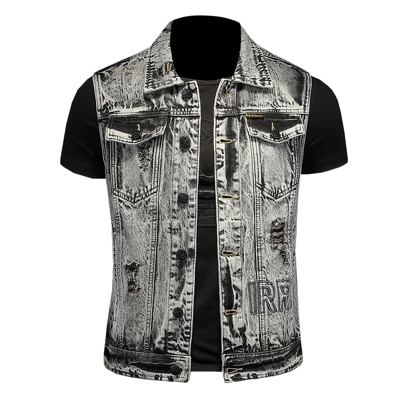 2024 new high quality fashion snowflake wash denim waistcoat men sleeveless waistcoat slim-fit  biker vest  Acetate S-4XL