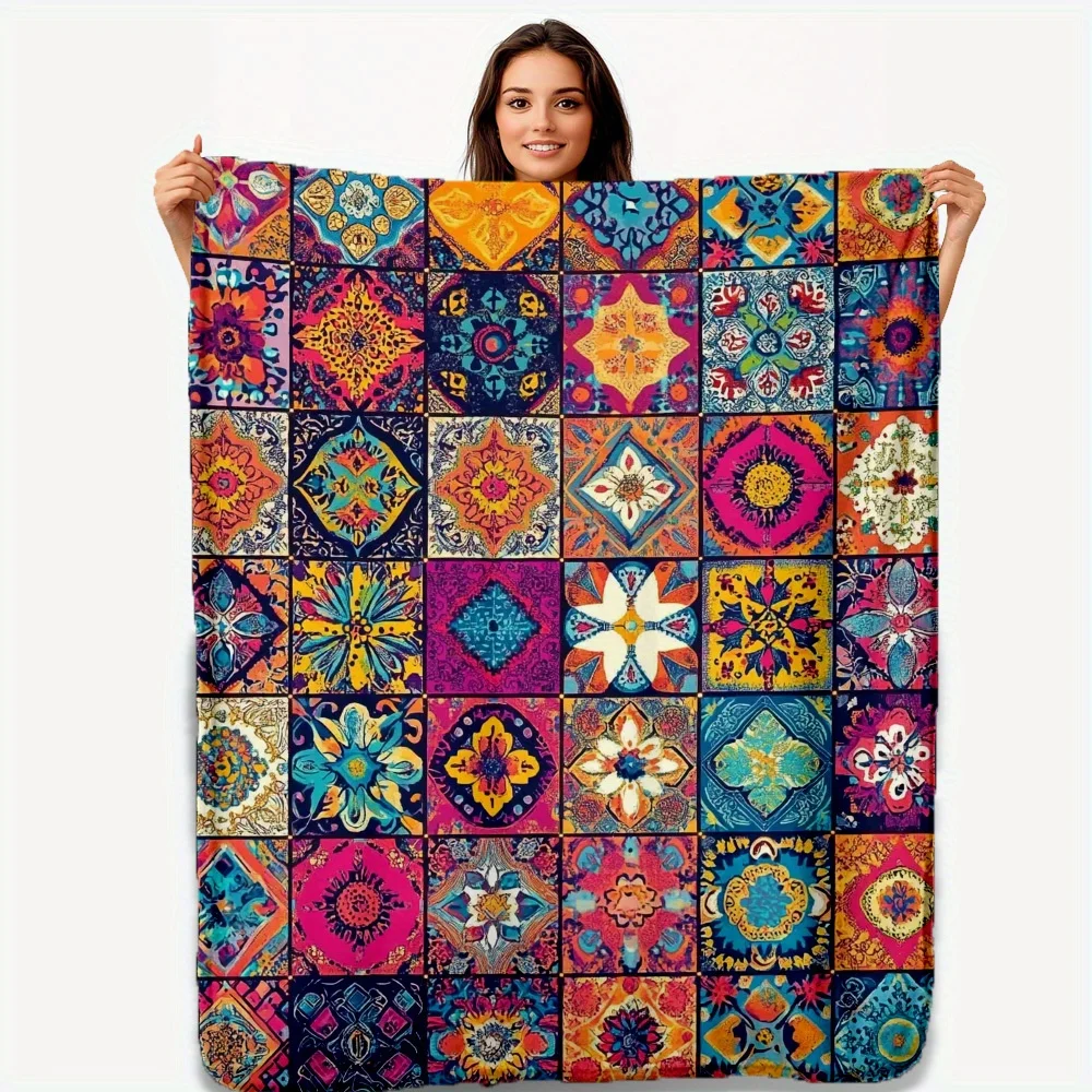 Ultra-Soft Bohemian Chic Flannel Throw Blanket - Vibrant Patchwork Design with Floral & Geometric Patterns in Blue, Red, Yellow