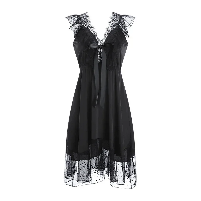 مثير المرأة زلة فستان النوم الدانتيل الشفاف العميق الخامس المنخفضة قطع جوفاء منامة الساتان ملابس منزلية غير رسمية فستان النوم الملابس الداخلية