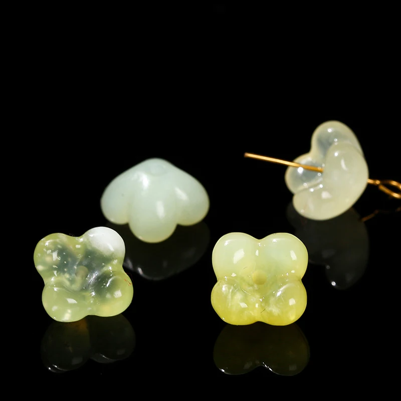 1 Pc Natural Stone Light Green Jade Carved Quatrefoil Flower Carved Bead For Jewerly Making Diy Necklace Bracelet Accessory