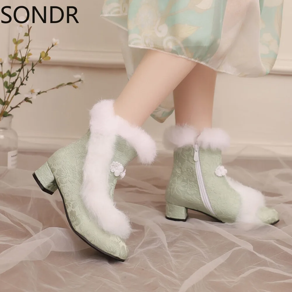 Womens Round Toe Ankle Boots Fur Bowtie Hanfu Chinese Styles Lolita Sweet Warm Winter Block Heel Shoes Plus Size  New 2024