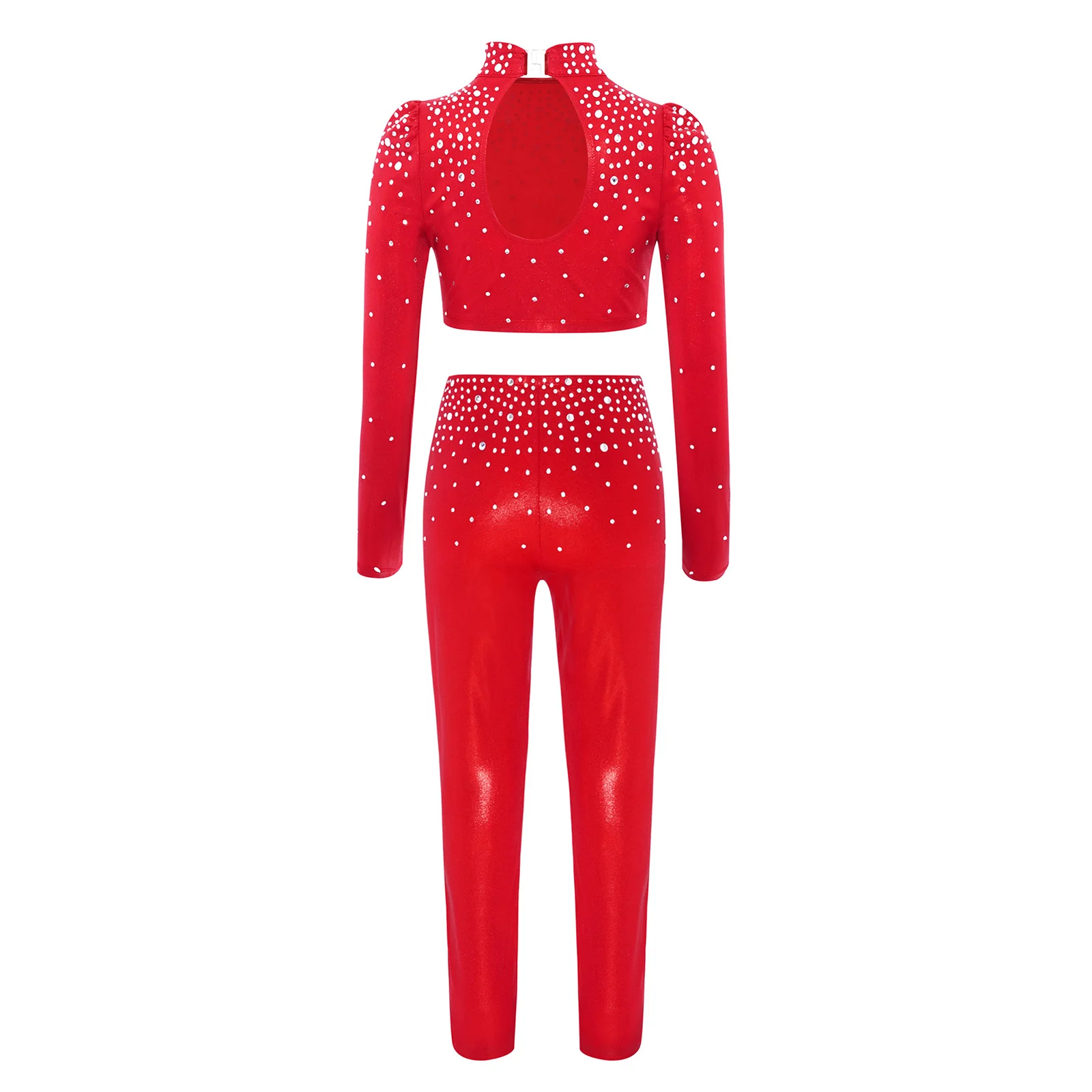 Costumi per balletto da ginnastica per ragazze per bambini Strass scintillanti Manica lunga Buco della serratura sul retro Top corto metallico + Pantaloni Tuta da ballo jazz