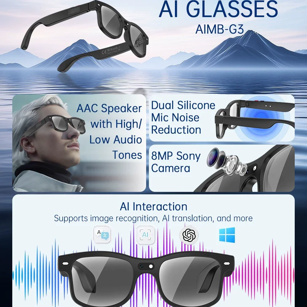 

AI Smart Glasses with Real-Time Translation & 8MP Video Recording, Bluetooth & WiFi, Ideal for Business Travel