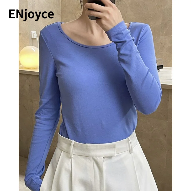 

ENjoyce Women Round Neck Undershirt T-Shirt Korean Fashion Slim Long Sleeve Tops Simple Cotton Tee Shirt Pullover Spring Fall
