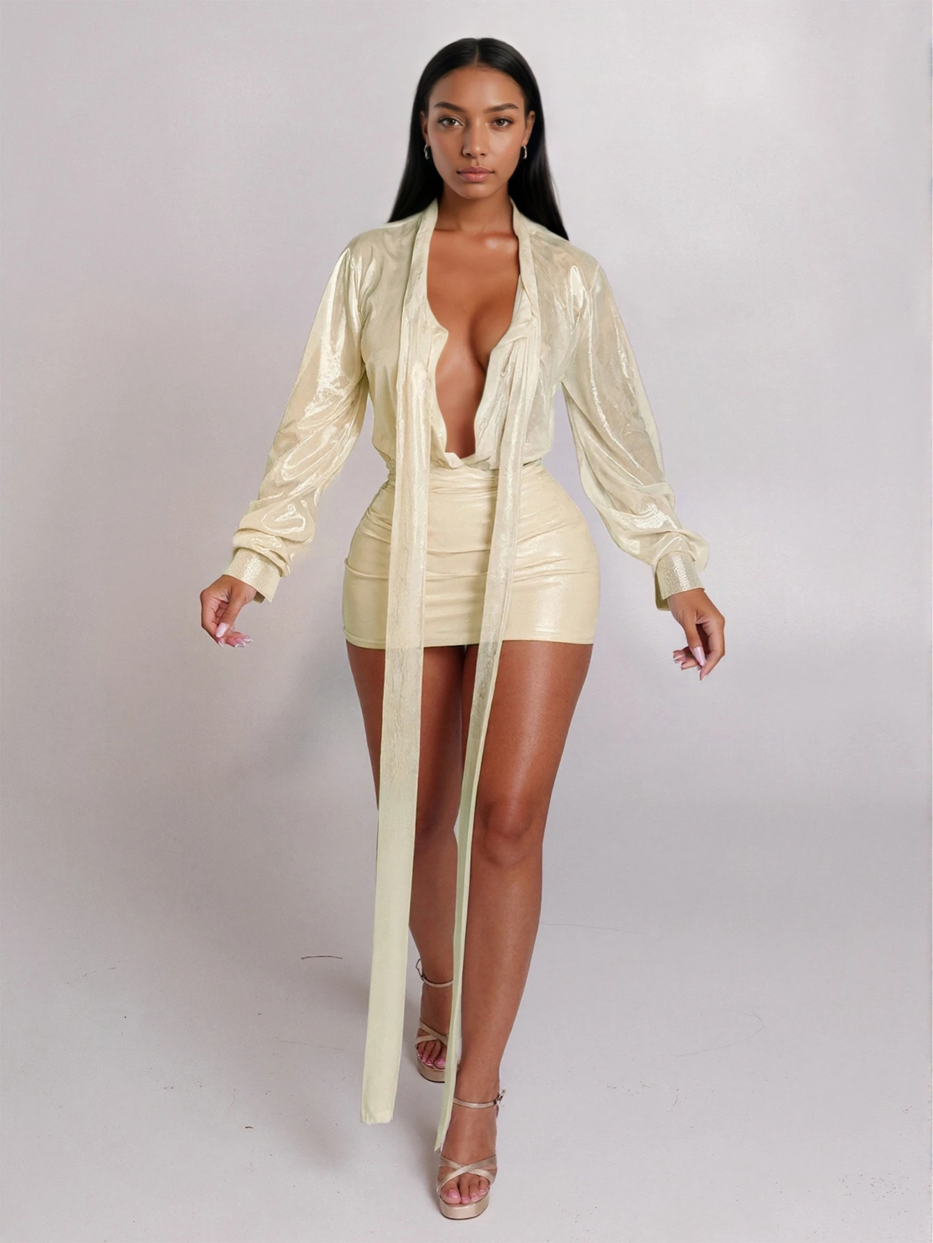 

Shiny Champagne Mini Dress with Long Sleeve Drape and Deep V-Neck