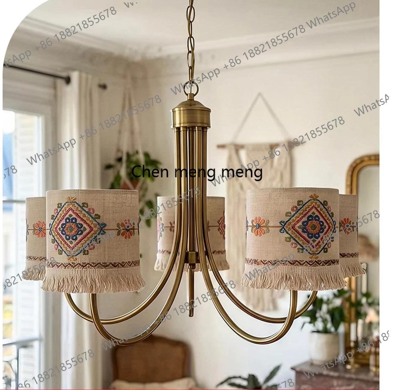 

American retro wrought iron chandelier creative pattern fringed cloth cover chandelier bedroom living room dining room