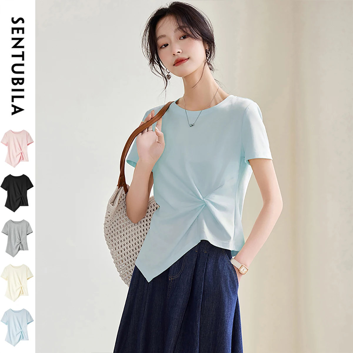 

SENTUBILA Women's 2025 Summer T-Shirt 100% Cotton Casual Short Sleeve Top Trendy Kink Design Tee Irregular Hem Clothes 152T80136