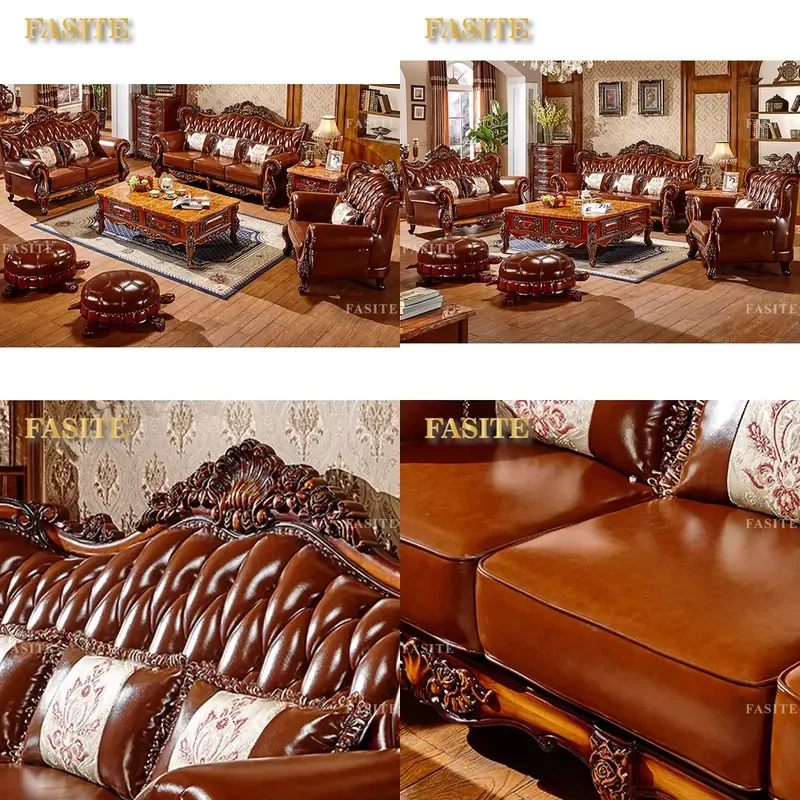 For European Luxury Carved Solid Wood Frame Upholstered 1 2 3 Seater Couch Classic Leather Sectional Living Room Home