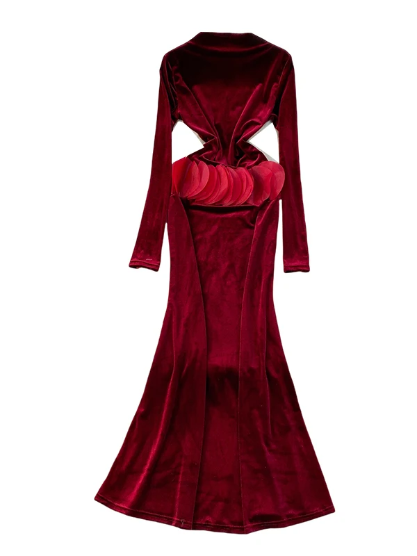 Ele Velvet ثوب نسائي بقصة ضيقة عالي Ne Dr Tee Dimensional بتلة مزخرفة ثوب حفلة Sle مضاد للبيلينغ #5