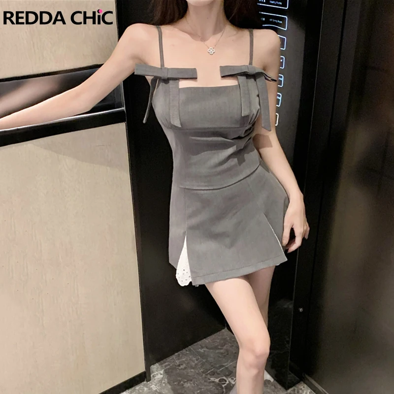 

Кружевная Лоскутная юбка ReddaChic Desire, укороченный топ, женская серая кофта с бантом, тонкая мини-юбка с высокой талией, летняя Корейская одежда