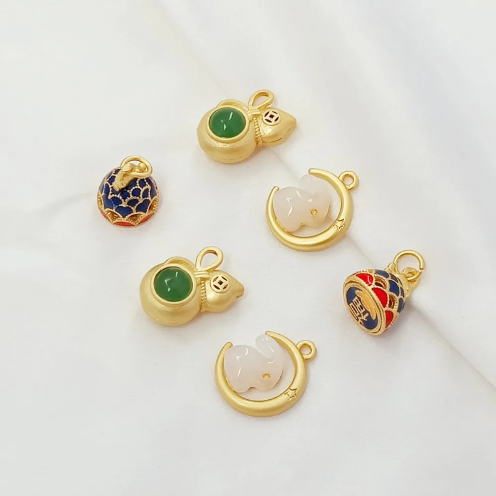 18K Matte Gold Inlaid Jade Hollowed-out Gourd Moon Rabbit Carp Flipping Pendant DIY Bracelet Necklace Pendant