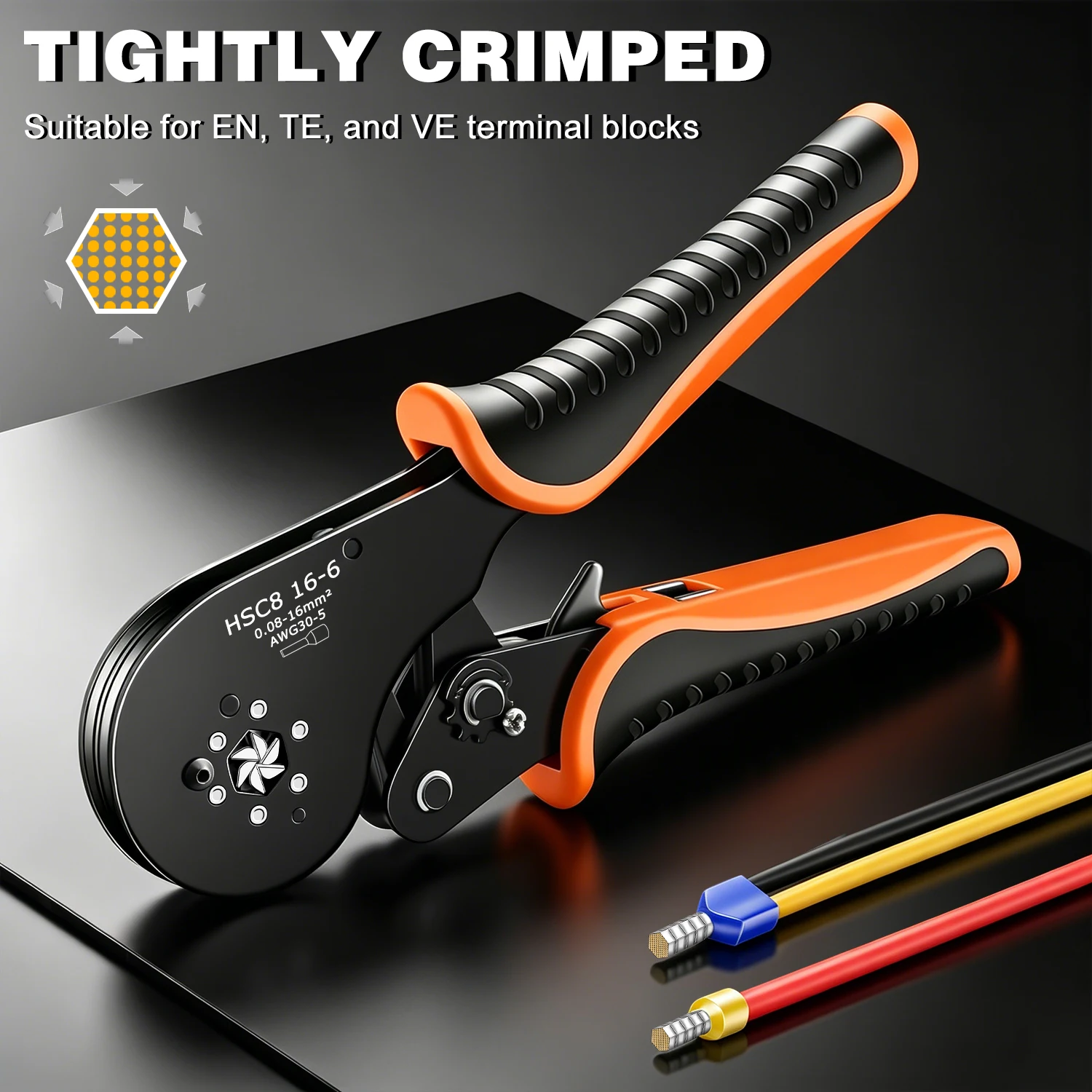 HSC8 16-6 Wire Ferrule Terminals Hexagon Crimping Pliers 0.08-16 mm² / 30-5 AWG Wide Range Sizes Ratchet Electrical Tool
