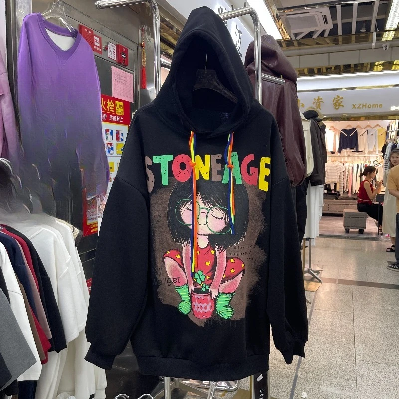 Unique Design Cartoon Print Hooded Coat Women's Fashion Streetwear Casual Versatile Loose Slimming Pullover Sweatshirt Jacket