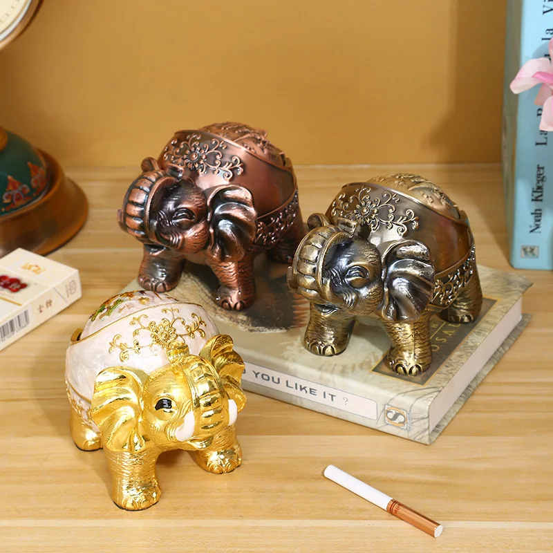 Elephant Shape Retro Animal Windproof Ashtray Alloy Ash Container Semi-closed for Home Living Room Decoration