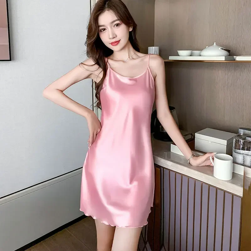 

Classy Sexy Female Solid Color Silk Satin Pyjamas Homewear Women Cozy Sleepwear Ice Silk Suspender Nightdress Plus Size Dresses