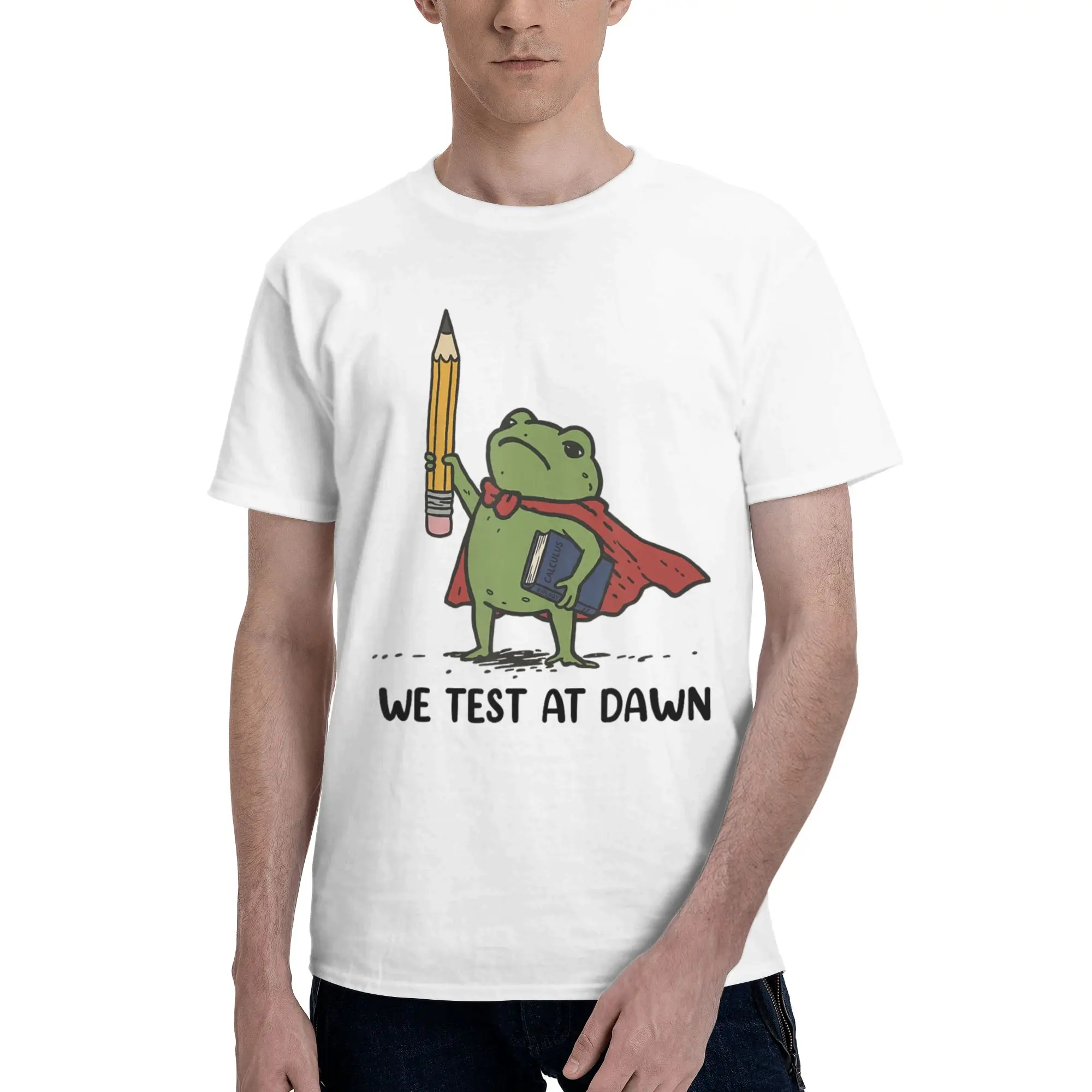 Teacher Frog We Test At Dawn Test Day Coordinator Final Exam Funny Graphic 100% Cotton T-Shirt Funny Meme Tops Tees For Men