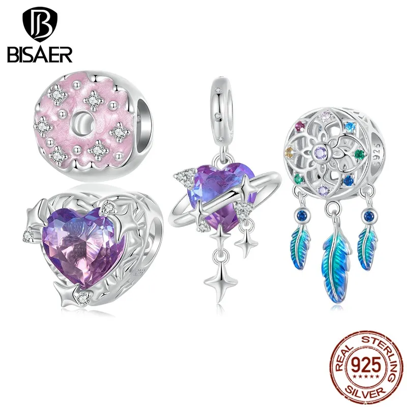 BISAER 925 Sterling Silver Gradient Purple-pink Starry Pendant Rainbow Dreamcat Charms Bead for Women DIY Bracelets Fine Jewelry