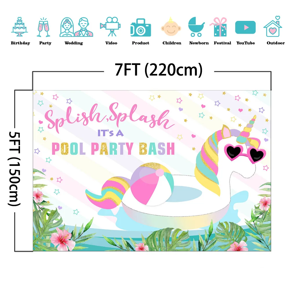 Mocsicka CUSTOM Splish Splash It's A Pool Party Bash Birthday Photography Background Unicorn Swimming Ring Decoration Backdrop