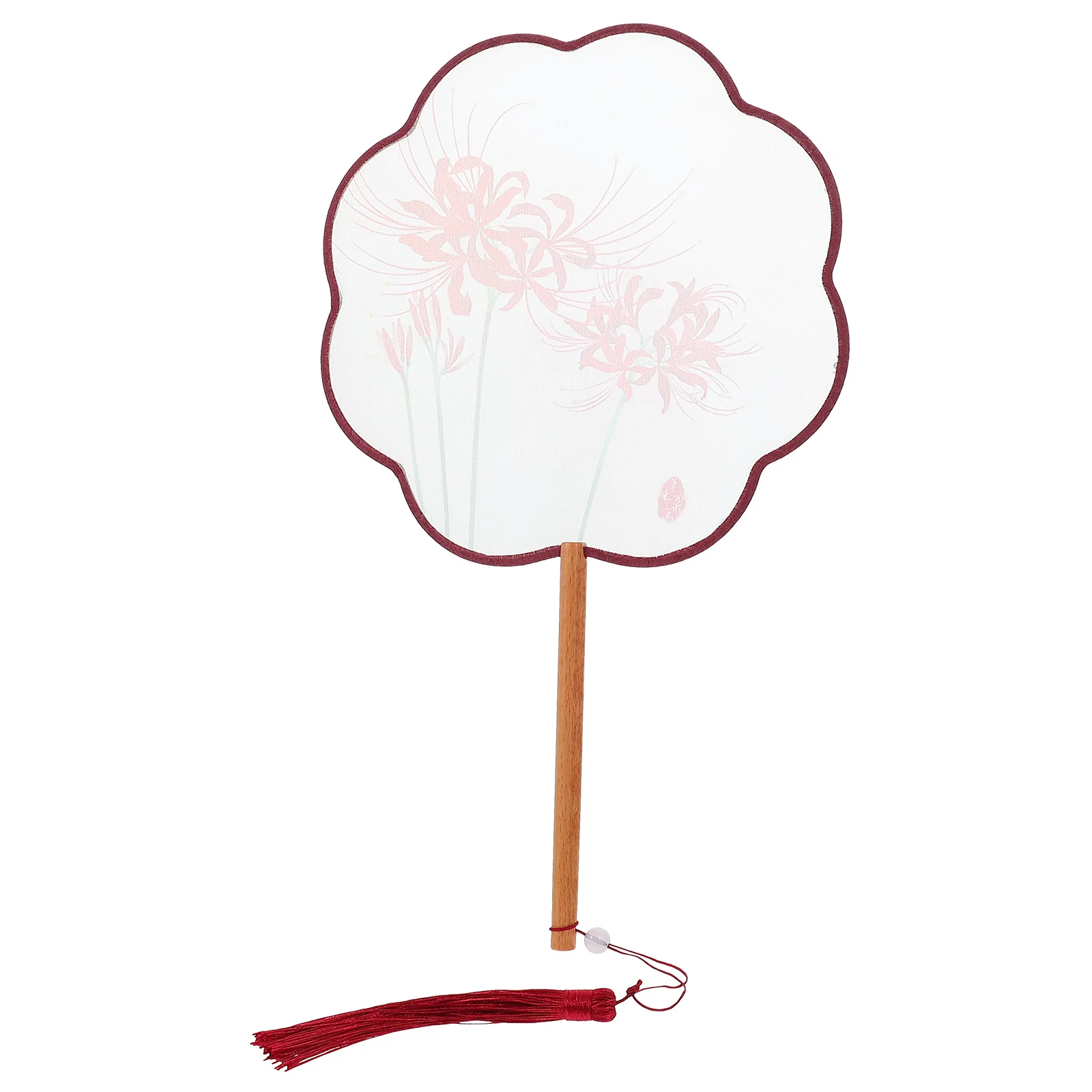 Silk Hand Fan Translucent Round Paddle Long Handle Tassel Circular Wood Women's