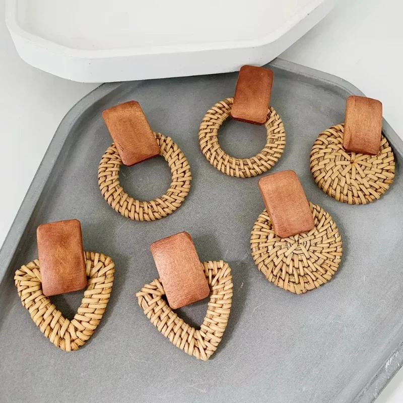 Handmade Korea Bamboo Wooden Straw Weave Rattan Knit Vine Circle Triangle Drop Earrings for Women Girl Beach Jewelry Earrings