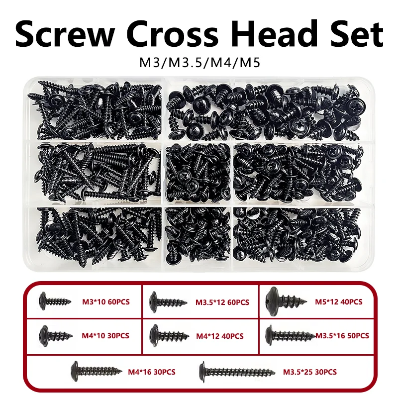 340pcs/Box M3 M3.5 M4 M5 black Flat Head Cross Carbon Steel Self-Tapping Screw