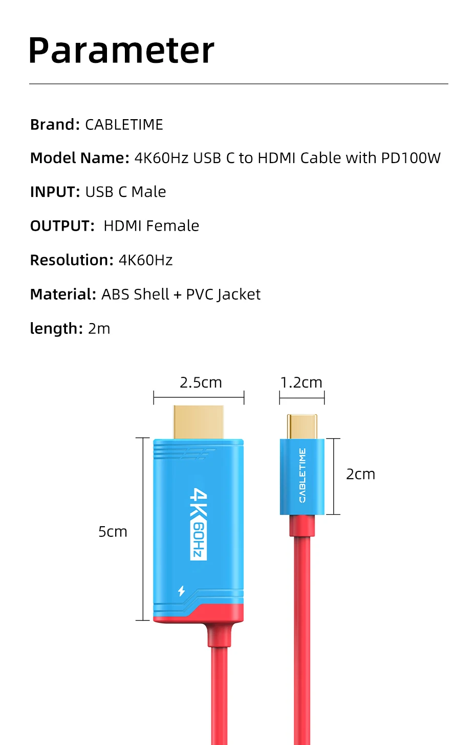 CABLETIME USB-C zu HDMI Kabel 4K144Hz PD 100W Typ-C zu HDMI Kabeladapter Perfekt für Switch 2/1 OLED PS4/5 Nintendo – Detail 29