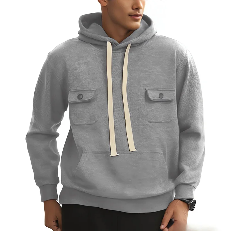 Men's American Sports Hooded Sweatshirt With Multiple Pockets Solid Color Fleece Warm Workwear Sweatshirt