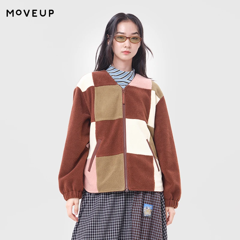 MOVEUP Women's Winter Jacket FUN Series 2026 New V‑Neck Color Block Checkerboard Print Cropped Coat Daily Warm Clothes 3ELD10730