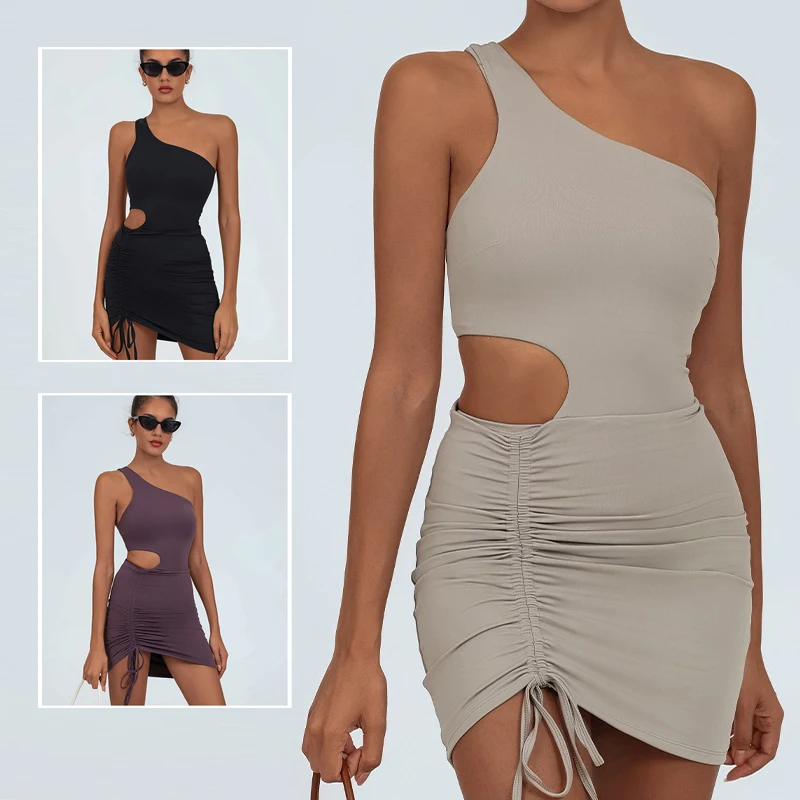 

Women Hollow Waist Tennis Dress Ladies One Shoulder Sleeveless Pencil Dress Ladies Slim Skinny Yoga Golf Dresses