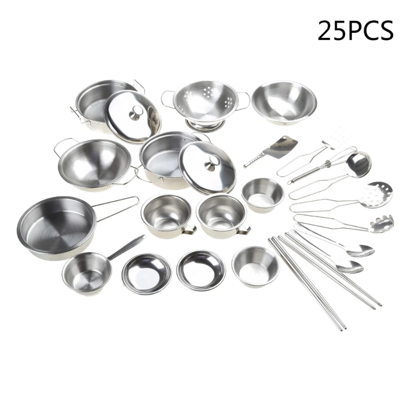 77HD 25Pcs Stainless Steel Kids House Kitchen Children Pretend for Play Cookware