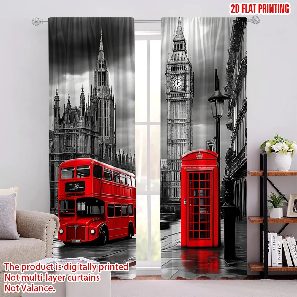 

2Pcs 2D Flat PrintingLondon Curtains London Telephone Booth In The Street Traditional Local Cultural Uk Retro For Bedroom Living