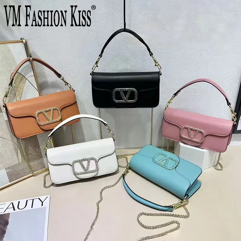 

Женская элегантная сумка подмышки, однотонная сумка через плечо из спилка, женская сумка через плечо с цепочкой, сумка с клапаном и фурнитурой с бриллиантами