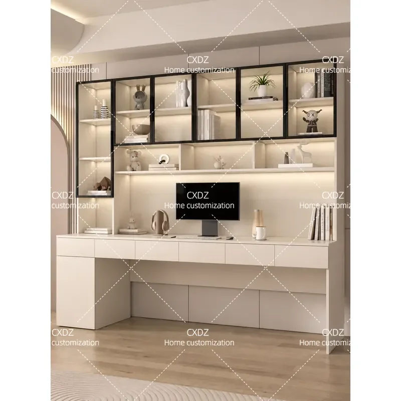Modern Simple Desk Bookcase Integrated Computer Table with Glass Luxury Multi Function Customizable Bedroom Learning Writing