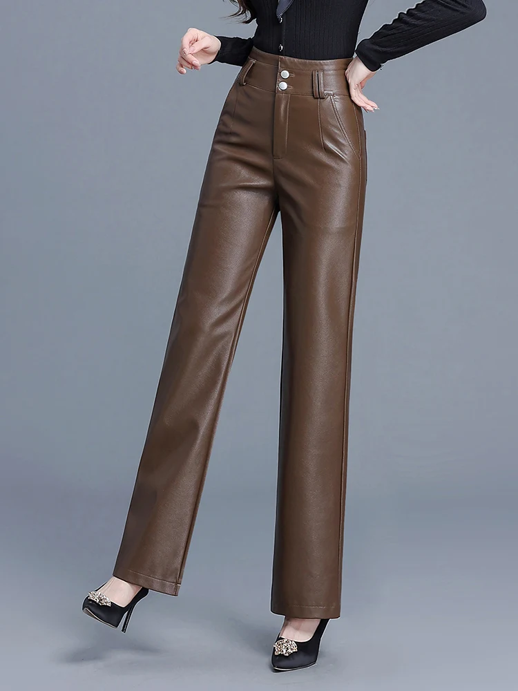 ZUZK-Pantalon long en cuir PU, pantalon droit taille haute, pantalon chaud, mode d'hiver, fjLarge