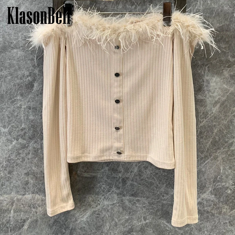 

7.30 KlasonBell Women Elegant Slash-neck Feather Spliced Long Sleeve Knit Cardigan Sexy Off-Shoulder Single Breasted Coat