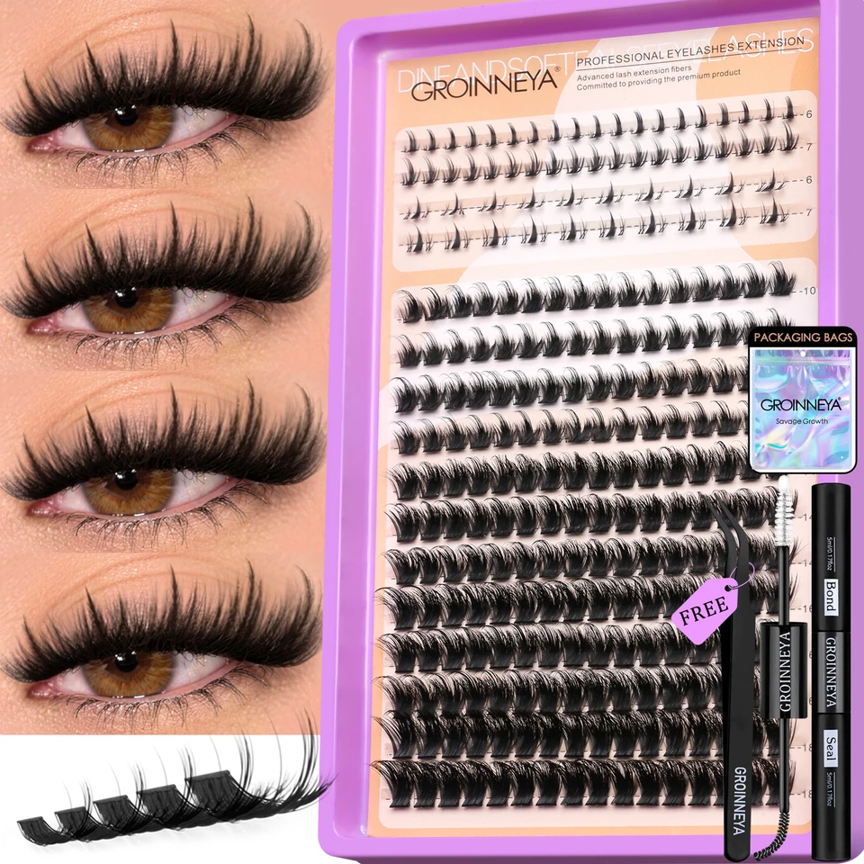 GROINNEYA Kit de Rizos de Pestañas Manga Esponjosos 3D Visón Falso Kit de Rizos con Pegamento y Sello Kit de Maquillaje