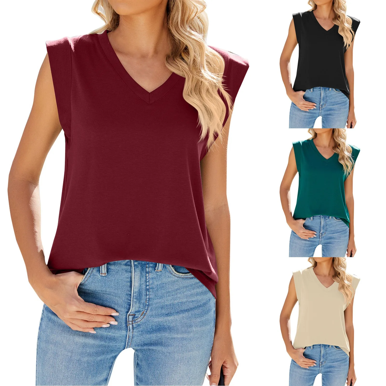 Women'S Summer Sleeveless Tank Tops Fashion Covered Shoulder Cuffs V-Neck Tops Casual Simple Solid Color All-Match Vest