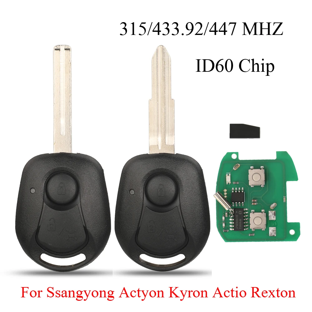 jingyuqin 2 Buttons Remote Head Car Key 315Mhz 433.92Mhz 447 MHZ 4D60 Chip For Ssangyong Actyon Kyron Actio Rexton Replacement