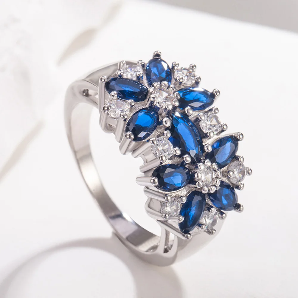 خاتم من الفضة الإسترليني عيار 925 فاخر على شكل زهرة مرصع بالياقوت الأزرق الزركون هدية للذكرى السنوية لحفلات أعياد الميلاد #2