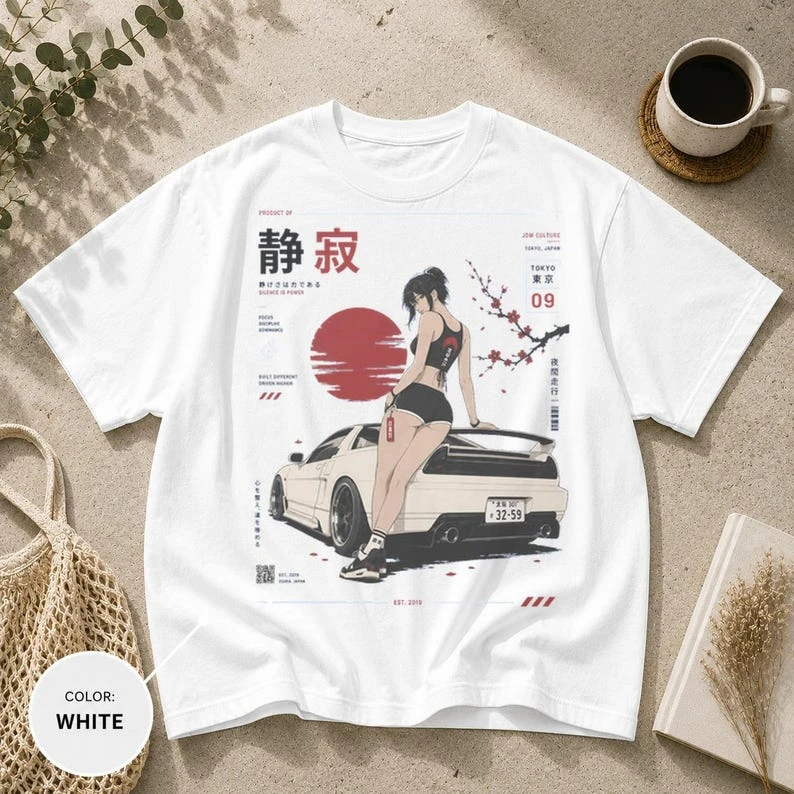 Y2K JDM Anime-Shirt, T-Shirt mit dem Motiv „Silence Is Power“, Tokyo Racing Streetwear, Harajuku Streetwear. – Detail 5