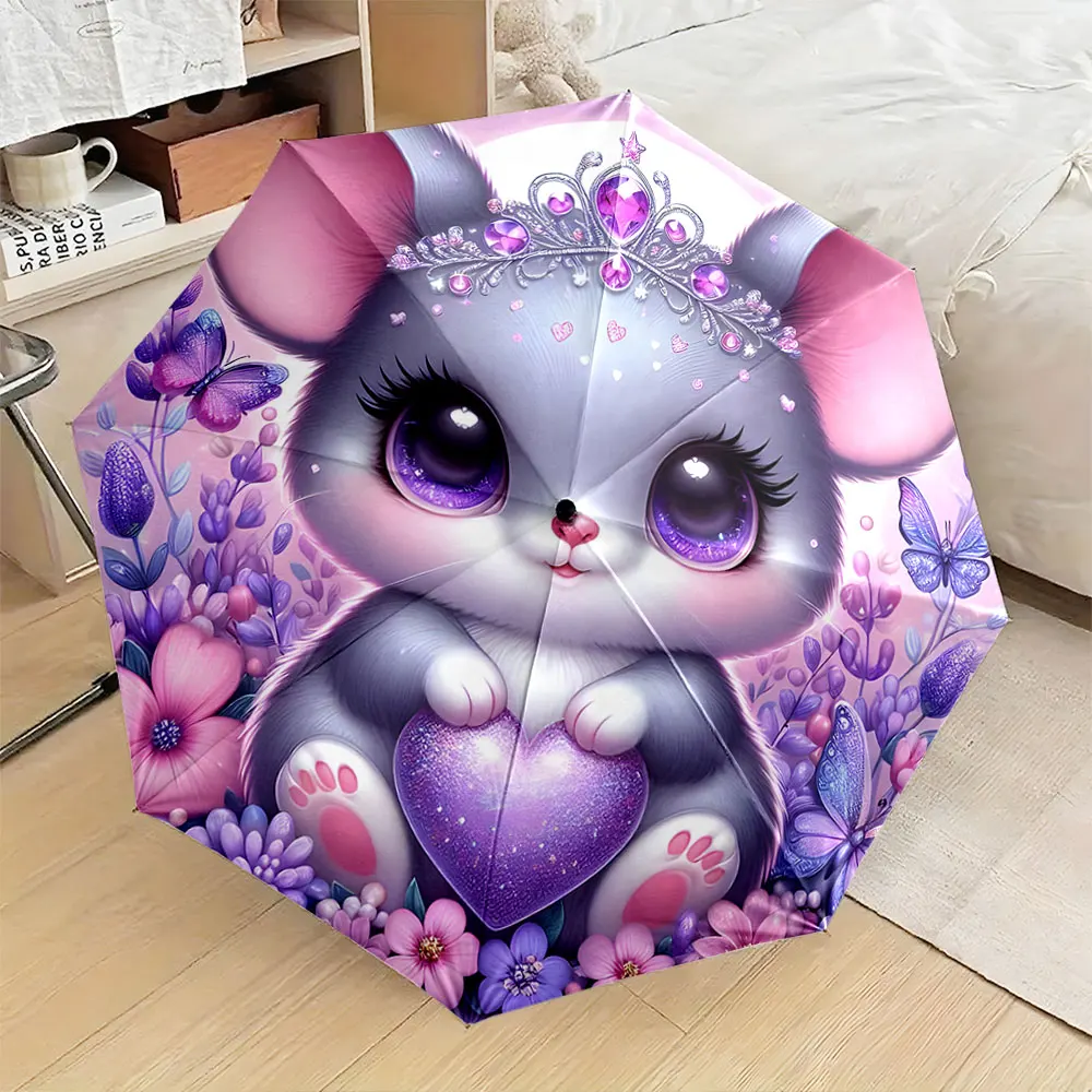 1PC Adorable animal design umbrella with vibrant purple hues Print 8 Iron Ribs Folding Umbrella Auto-Open Fashion Sunshade