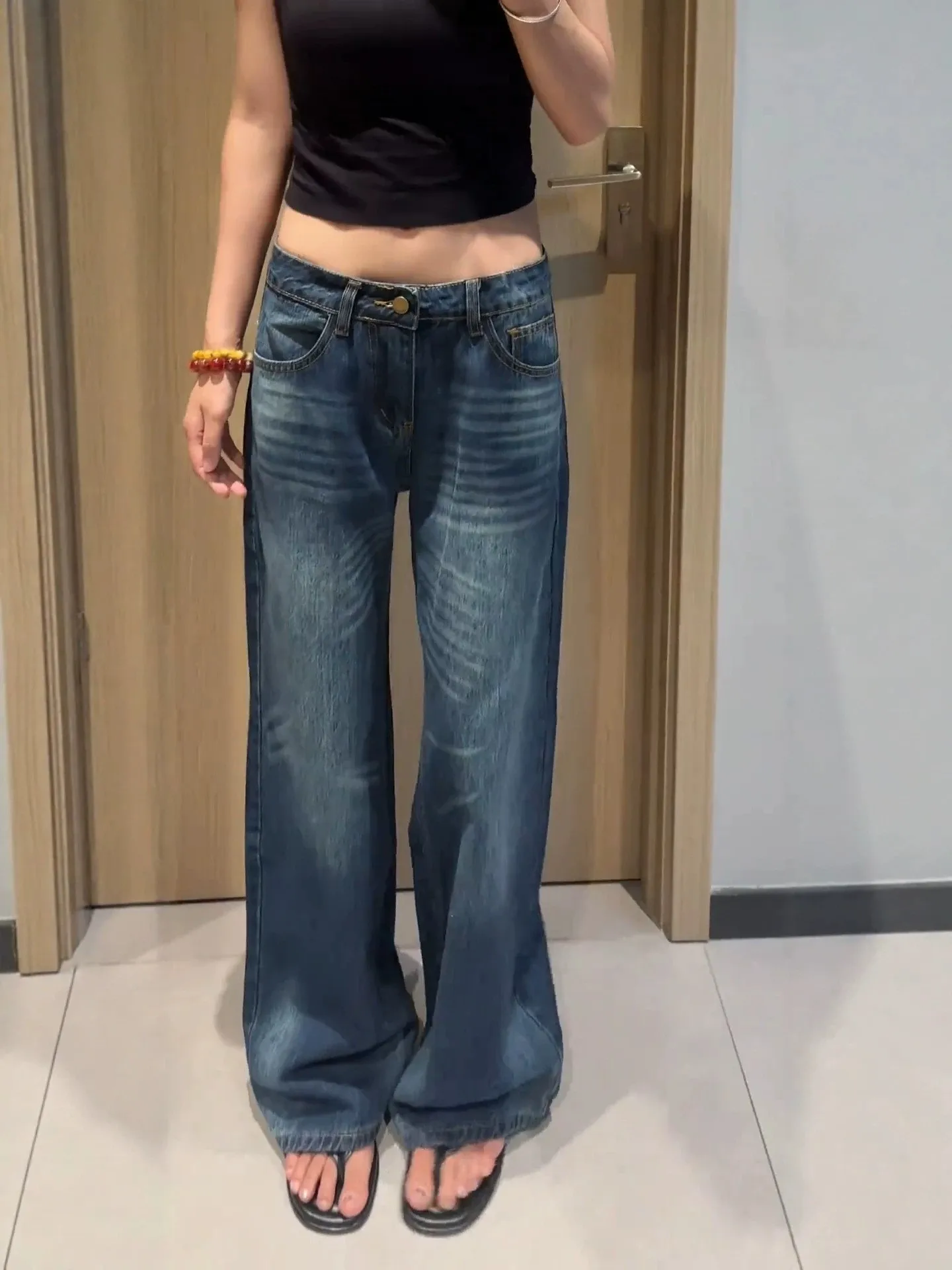 plus Size American Style Deep Blue Vintage Low Waist Straight Leg Jeans Women's Loose Slimming Casual Versatile Wide Leg Pants