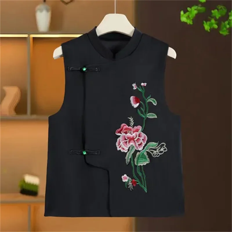 

Retro Buckle Chinese Vest Women Coat Heavy Industry Fashion National Style Embroidered Top Female Waistcoat Sleeveless Jacket