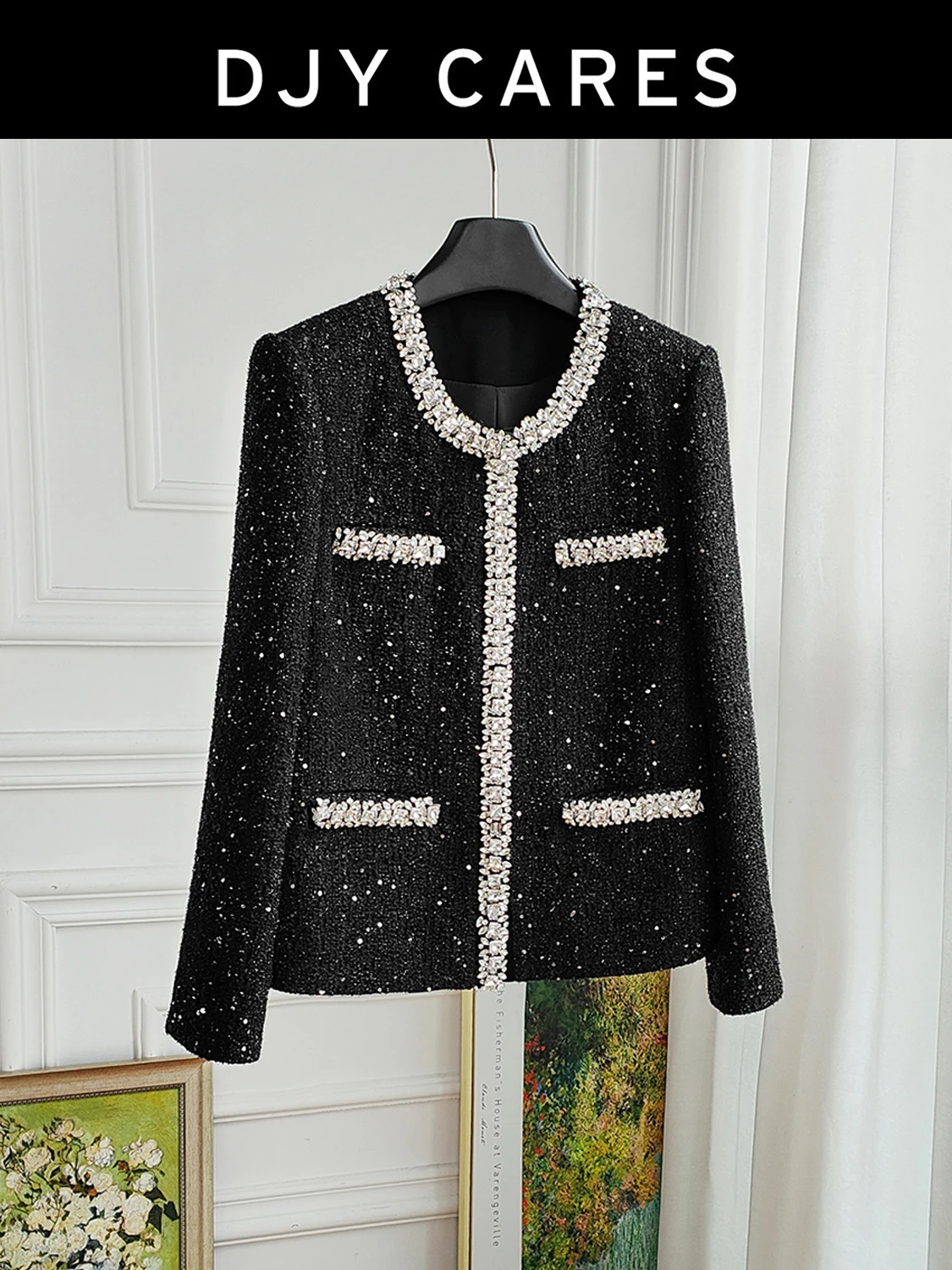 

New Classic diamond studded design black jacket, fashionable versatile top big size