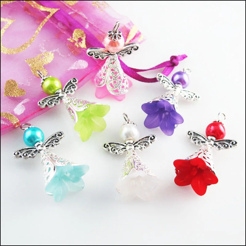 12Pcs Mixed Acrylic Angel Wings Tibetan Silver Plated Color Charms Pendants 22x37mm